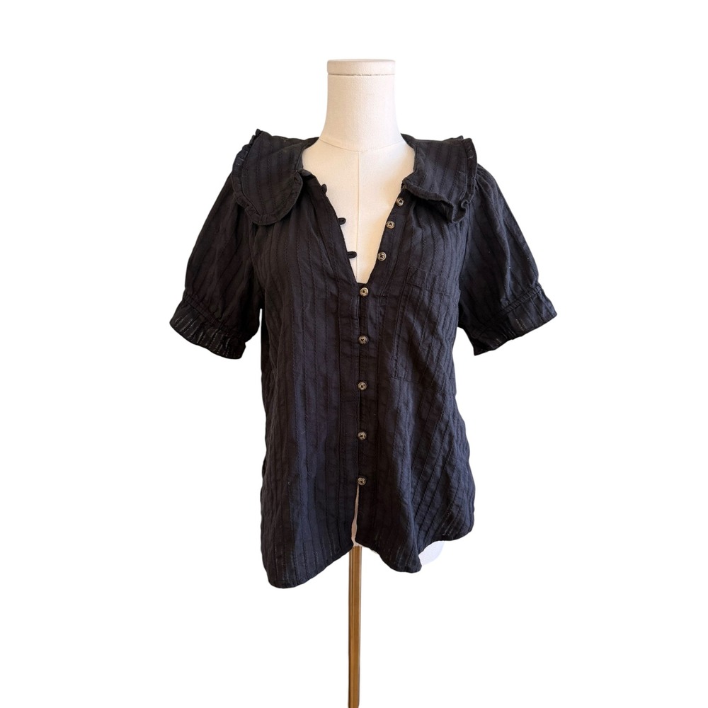 Pilcro Black Cotton Textured Stripe Ruffle Collar Blouse Top Large